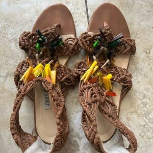 Jimmy Choo Brown Woven Sandals with Yellow and Green Accents